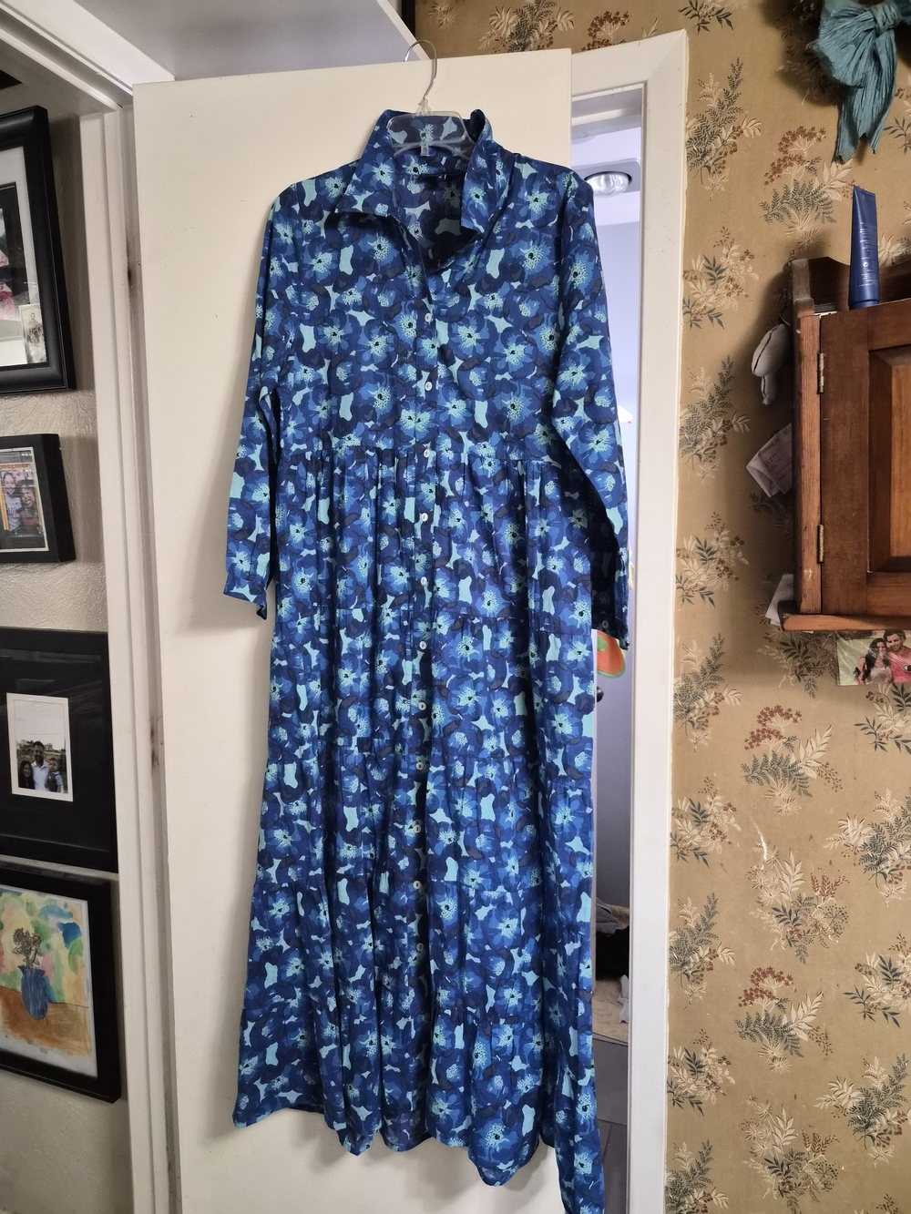Ro's Garden Blue Floral Button-Front Long Sleeve Maxi Dress